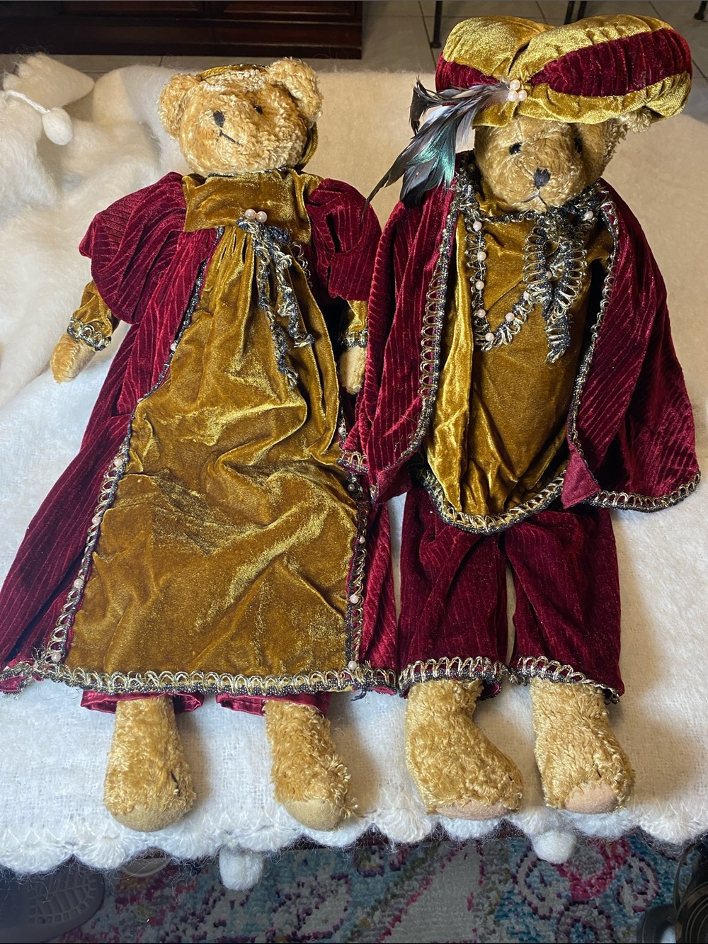 Victorian-style Plush Bear Couple in Burgundy & Gold Velvet